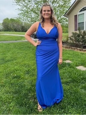 Elegant Royal Blue V-Neck Evening Gown - Women Dresses